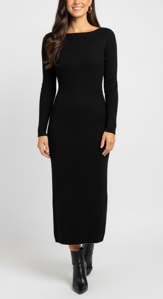 Classic Black Ribbed Knit Long Sleeve Midi Dress Outfit Inspiration